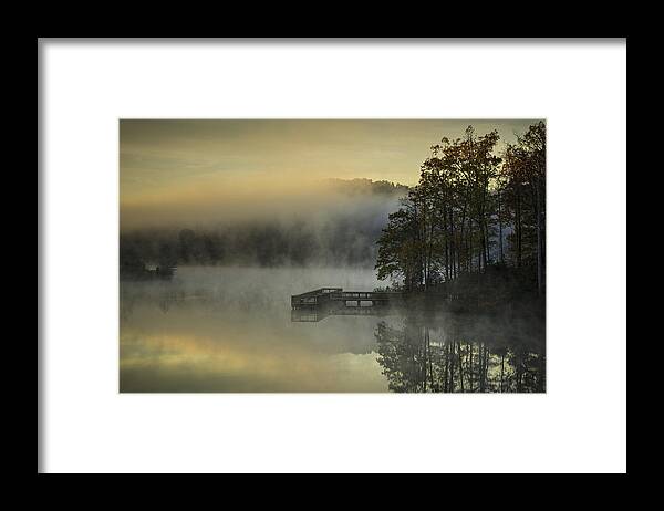 Fishing Dock In Fog Framed Print featuring the photograph Fishing Dock by David Waldrop