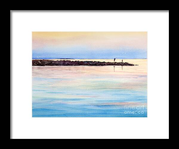 Fishing From The Jetty At Sunset Framed Print featuring the painting Fishing From The Jetty at Sunset by Michelle Constantine