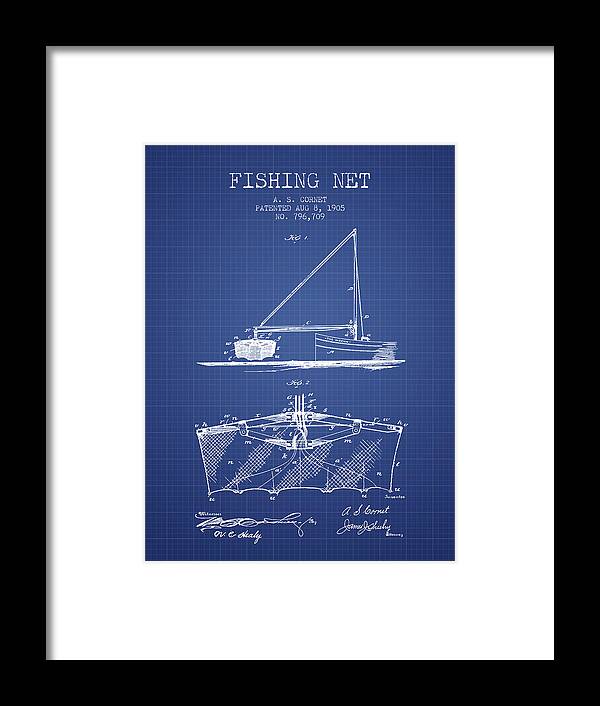 Fishing Net Framed Print featuring the digital art Fishing Net Patent from 1905- Blueprint by Aged Pixel