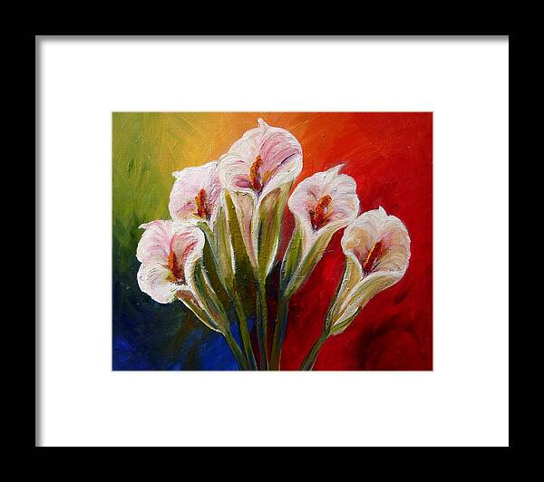 Flowers Framed Print featuring the painting Five Cala Lillies print by Mary Jo Zorad