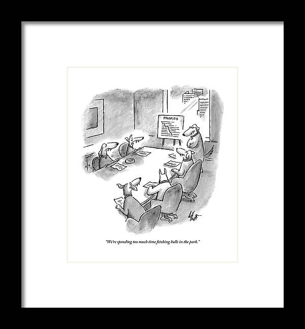 Dogs - Fetching Framed Print featuring the drawing Five Dogs Sit Around An Office Meeting Table by Frank Cotham