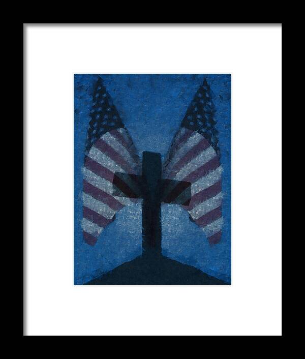 Flag And Cross Framed Print featuring the digital art Flags and Cross by Ernest Echols