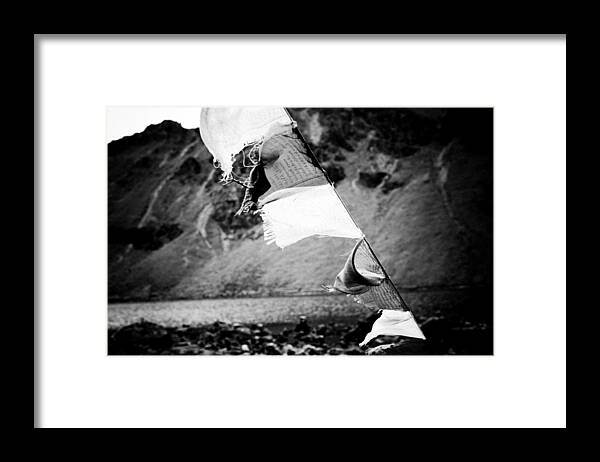 Gosaikunda Framed Print featuring the photograph Flags Lungta Mountain Lake Gosaikunda by Raimond Klavins