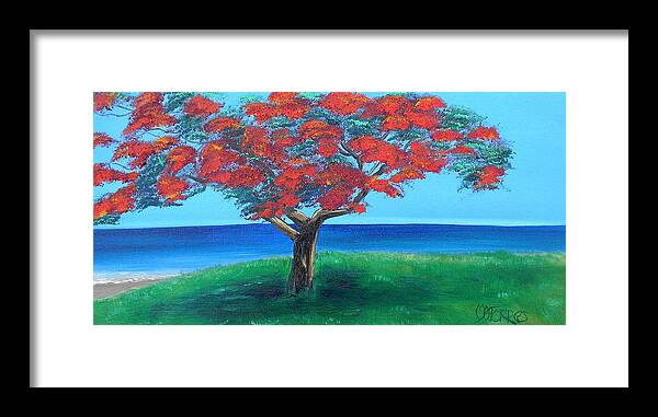 Flamboyant Tree Framed Print featuring the painting Flamboyan Overlooking Ocean by Melissa Torres