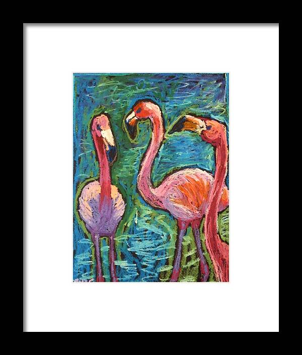 Pink Flamingoes Framed Print featuring the painting Flamingoes Wading by Ande Hall