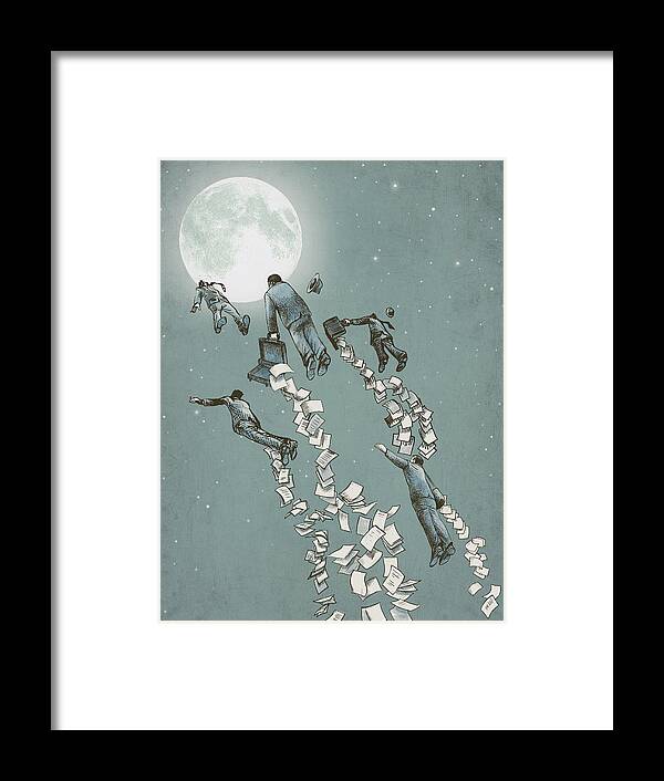 Moon Framed Print featuring the drawing Flight of the Salary Men by Eric Fan