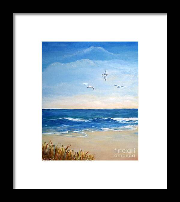 Beach Prints Framed Print featuring the painting Flock of Three - Three Birds on the Beach by Shelia Kempf