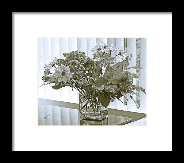 Floral Still Life Framed Print featuring the photograph Floral Arrangement With Blinds Reflection by Ben and Raisa Gertsberg