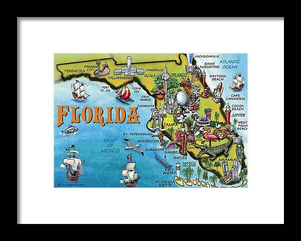 Florida Framed Print featuring the digital art Florida Cartoon Map by Kevin Middleton
