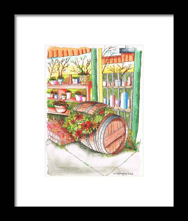 Nature Framed Print featuring the painting Barrel with flowers in a flower shop in West Hollywood - California by Carlos G Groppa