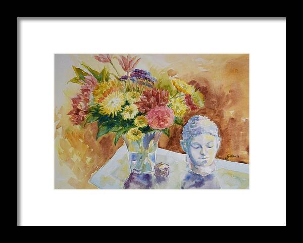 Still Life Framed Print featuring the painting Flower Vase with Buddha by Jyotika Shroff