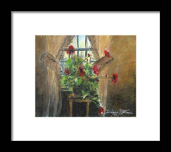 Curtain Framed Print featuring the painting Flowers by the Window by Diane Strain