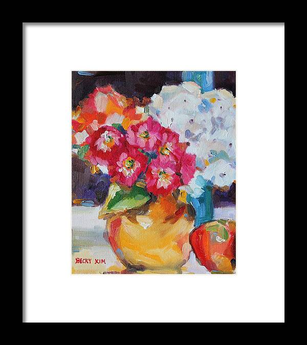 Oil Framed Print featuring the painting Flowers in Yellow Vase with an Apple by Becky Kim