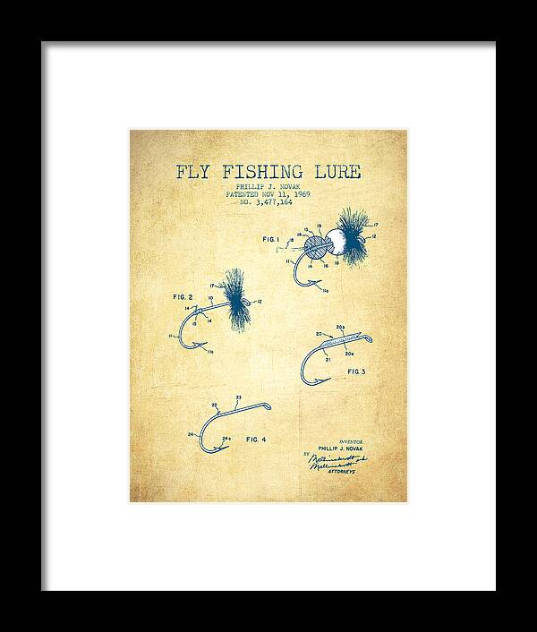 Fishing Fly Framed Print featuring the drawing Fly Fishing Lure Patent from 1969 - Vintage Paper by Aged Pixel