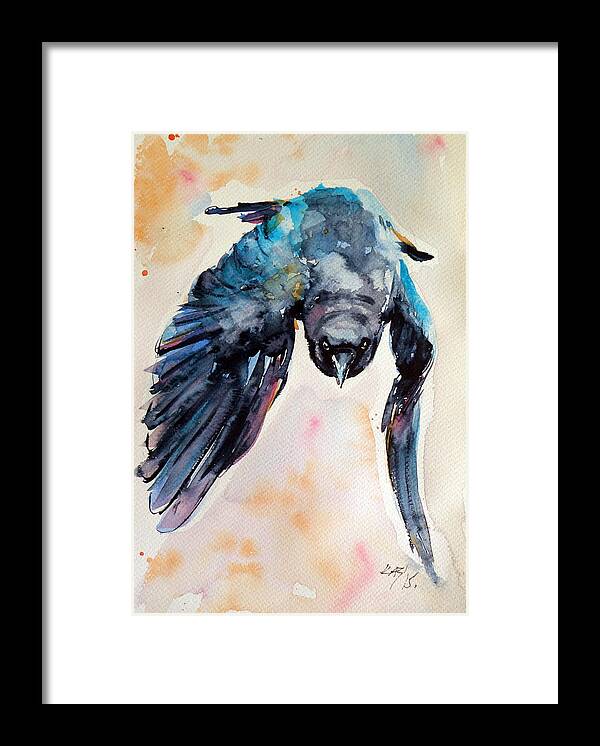 Crow Framed Print featuring the painting Flying crow by Kovacs Anna Brigitta