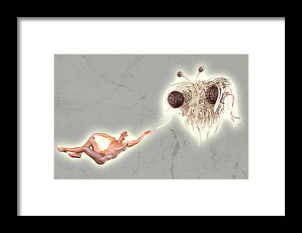 Flying Spaghetti Monster Framed Print featuring the photograph Flying Spaghetti Monster And Adam by Christian Darkin