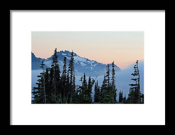 Sunset Framed Print featuring the photograph Mt. Rainier's Foggy Sunset by E Faithe Lester
