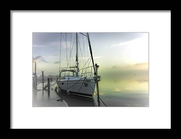 New Smyrna Beach Framed Print featuring the photograph Foggy Morning at the Dock by Dorothy Cunningham