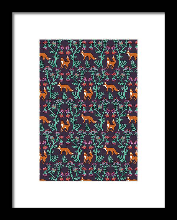 Nature Framed Print featuring the painting Folky Nature Vectors Damask Foxes.jpg by MGL Meiklejohn Graphics Licensing