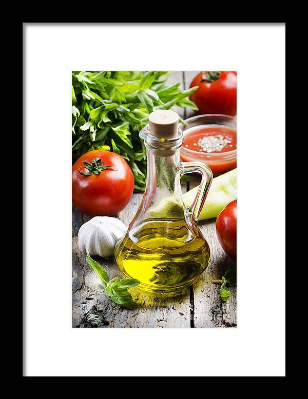 Oil Framed Print featuring the photograph Olive Oil and Food Ingredients by Jelena Jovanovic
