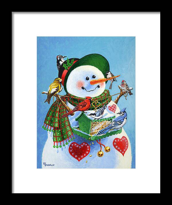 Snowman Framed Print featuring the painting For the Birds by Richard De Wolfe