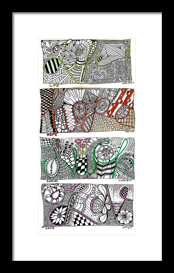 Zentangles And Zendoodles Framed Print featuring the mixed media Four Letter Words by Ruth Dailey