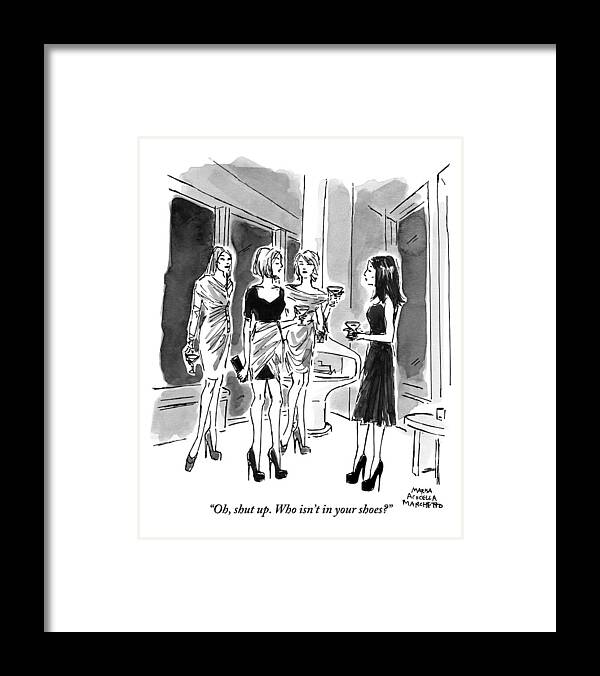 Cocktail Party Framed Print featuring the drawing Four Women Hold Cocktails And Are Similarly by Marisa Acocella Marchetto