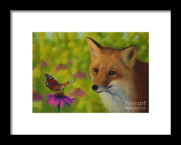 Art Framed Print featuring the pastel Fox and butterfly by Veikko Suikkanen