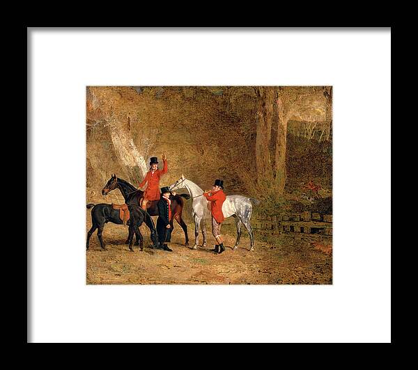 1767 Framed Print featuring the painting Foxhunting Scene Fox Hunting Two Gentlemen With A Groom by Litz Collection