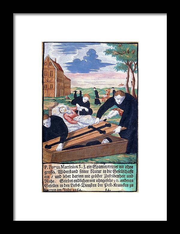 People Person Persons Framed Print featuring the photograph Fr Pierre Martinius Nursing Plague Victims by Jean-loup Charmet/science Photo Library