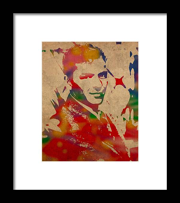 Frank Framed Print featuring the mixed media Frank Sinatra Watercolor Portrait on Worn Distressed Canvas by Design Turnpike