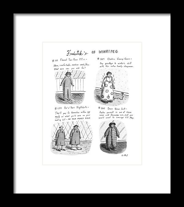 
Frederick's Of Winnipeg: Title. 4-panel Drawing Shows Such Items As Flannel Pajamas Framed Print featuring the drawing Frederick's Of Winnipeg by Roz Chast