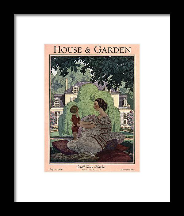 Small House Number: House And Garden Logo In Black At The Top Of A Pink Border With A Dark-green Inner Stripe Which Frames A Watercolor Illustration Of A French Haute-bourgeois Domestic Scene: In The Foreground In Deep Shadow Amidst An Array Of Pillows Framed Print featuring the photograph French Haute-bourgeois Domestic Scene by Pierre Brissaud