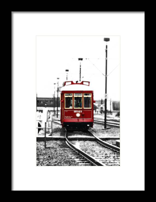 Travelpixpro New Orleans Framed Print featuring the photograph French Quarter French Market Street Car New Orleans Color Splash Black and White with Diffuse Glow by Shawn O'Brien