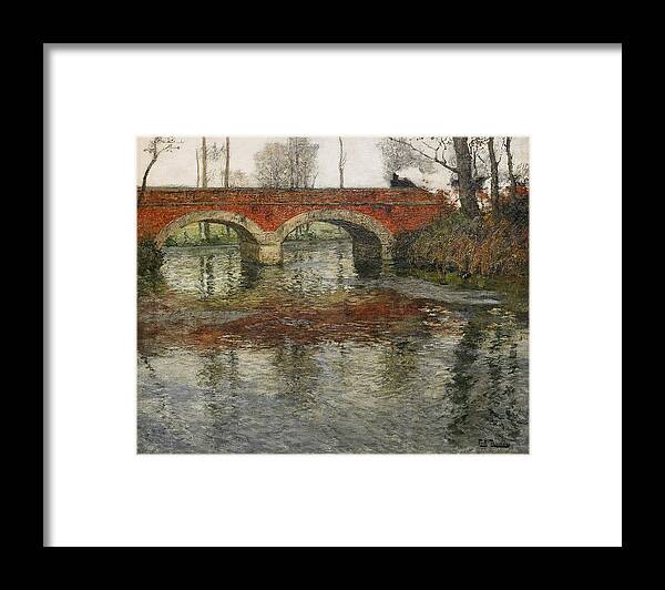 Frits Thaulow Framed Print featuring the painting French river landscape with a stone bridge by Frits Thaulow