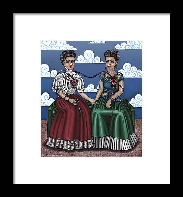 Hispanic Folk Art Framed Print featuring the painting Frida Beside Myself by Victoria De Almeida