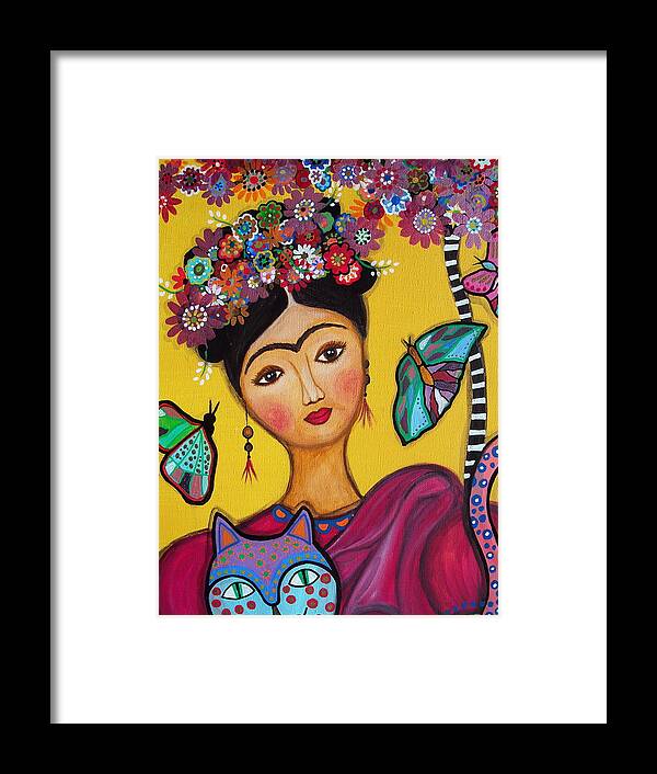 Frida Framed Print featuring the painting Frida Kahlo and her Cat by Pristine Cartera Turkus