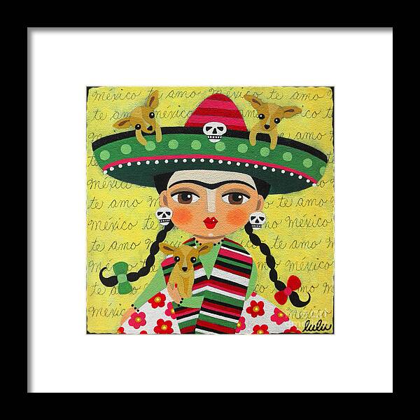 Frida Framed Print featuring the painting Frida Kahlo with Sombrero and Chihuahuas by Andree Chevrier