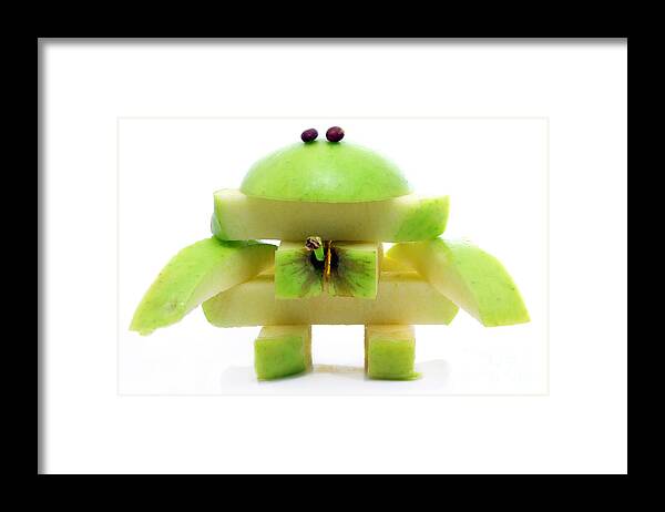 Apple Framed Print featuring the photograph Friendly apple monster made from one apple by Simon Bratt