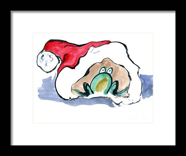 Sumi-e Framed Print featuring the painting Frogg in a Santa Hat by Ellen Miffitt