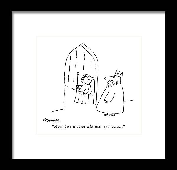 

 Aide Framed Print featuring the drawing From Here It Looks Like Liver And Onions by Charles Barsotti