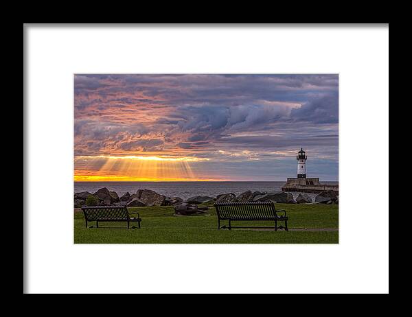 front Row Seats lake Superior canal Park canal Park Lighthouse duluth north Shore Sunrise Dawn Rays god Rays Clouds Benches Lighthouse great Lake Sunset Sunrays Magic Nature Summer perfect Duluth Day mary Amerman Framed Print featuring the photograph Front Row Seats by Mary Amerman