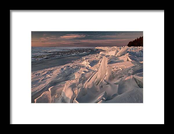 Peninsula State Park; Lake Michigan; Door County; Winter; Ice; Sunset; Sky; Ice Shove; Ice Shelf; Snow; Icy; Frozen; Wisconsin Framed Print featuring the photograph Frozen Playground by Leda Robertson