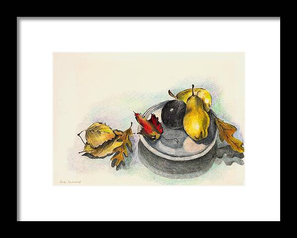Fruit Framed Print featuring the drawing Fruit and Autumn Leaves by Judy Swerlick