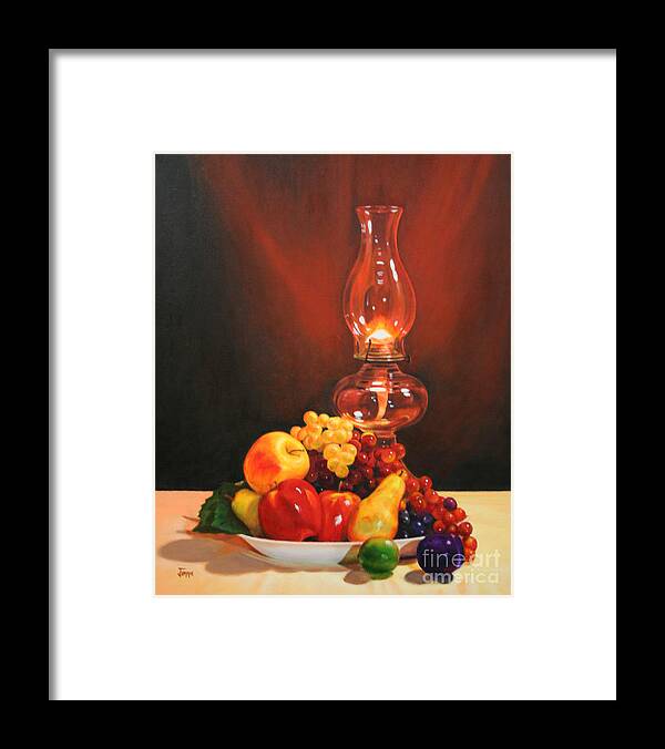 Lamp Framed Print featuring the painting Fruit Under Lamp Light by Jimmie Bartlett