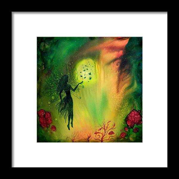 Full Moon Framed Print featuring the painting Full moon Fairy and Butterflies by Lilia S