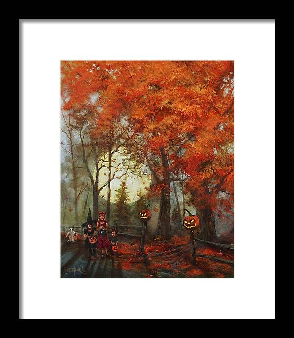  Autumn Framed Print featuring the painting Full Moon on Halloween Lane by Tom Shropshire