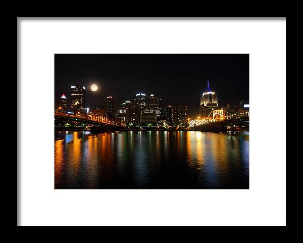 Pittsburgh Framed Print featuring the photograph Full moon over Pittsburgh skyline by Jetson Nguyen