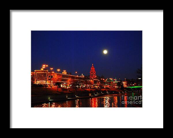 Kansas City Framed Print featuring the photograph Full Moon Over Plaza Lights in Kansas City by Catherine Sherman