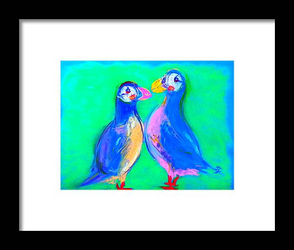 Art Framed Print featuring the painting Funky Puffins Gossip Session by Sue Jacobi